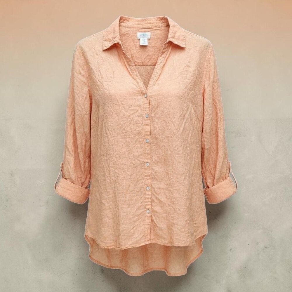 Sigrid Olsen 100% Linen Button Up Shirt Women 1X Orange Roll Tab Sleeves